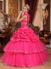 Hot Pink Ball Gown One Shoulder Floor-length Organza Beading and Pick-ups Quinceanera Dress