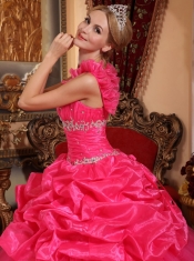 Hot Pink Ball Gown One Shoulder Floor-length Organza Beading and Pick-ups Quinceanera Dress
