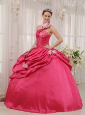 Hot Pink Ball Gown One Shoulder Floor-length Taffeta Beading Pick-ups Quinceanera Dress