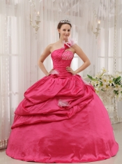 Hot Pink Ball Gown One Shoulder Floor-length Taffeta Beading Pick-ups Quinceanera Dress