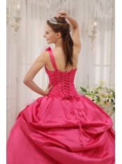 Hot Pink Ball Gown One Shoulder Floor-length Taffeta Beading Pick-ups Quinceanera Dress