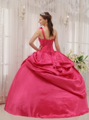 Hot Pink Ball Gown One Shoulder Floor-length Taffeta Beading Pick-ups Quinceanera Dress