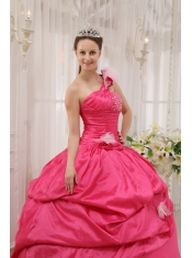 Hot Pink Ball Gown One Shoulder Floor-length Taffeta Beading Pick-ups Quinceanera Dress
