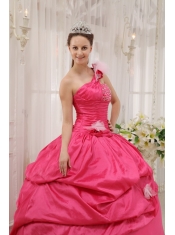 Hot Pink Ball Gown One Shoulder Floor-length Taffeta Beading Pick-ups Quinceanera Dress