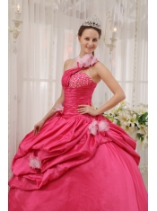 Hot Pink Ball Gown One Shoulder Floor-length Taffeta Beading Pick-ups Quinceanera Dress