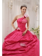 Hot Pink Ball Gown One Shoulder Floor-length Taffeta Beading Pick-ups Quinceanera Dress