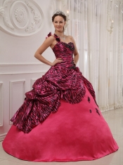 Hot Pink Ball Gown One Shoulder Floor-length Zebra or Leopard Appliques Quinceanera Dress