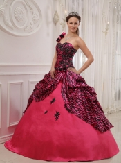 Hot Pink Ball Gown One Shoulder Floor-length Zebra or Leopard Appliques Quinceanera Dress