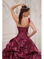Hot Pink Ball Gown One Shoulder Floor-length Zebra or Leopard Appliques Quinceanera Dress