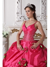 Hot Pink Ball Gown Spaghetti Straps Floor-length Taffeta Beading Quinceanera Dress