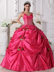 Hot Pink Ball Gown Spaghetti Straps Floor-length Taffeta Beading Quinceanera Dress