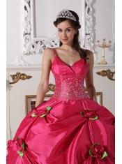 Hot Pink Ball Gown Spaghetti Straps Floor-length Taffeta Beading Quinceanera Dress