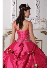 Hot Pink Ball Gown Spaghetti Straps Floor-length Taffeta Beading Quinceanera Dress