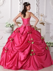 Hot Pink Ball Gown Spaghetti Straps Floor-length Taffeta Beading Quinceanera Dress