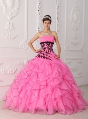 Hot Pink Ball Gown Strapless Floor-length Appliques and Ruffles Quinceanera Dress