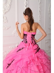 Hot Pink Ball Gown Strapless Floor-length Appliques and Ruffles Quinceanera Dress