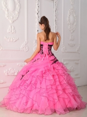 Hot Pink Ball Gown Strapless Floor-length Appliques and Ruffles Quinceanera Dress