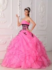 Hot Pink Ball Gown Strapless Floor-length Appliques and Ruffles Quinceanera Dress