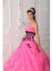 Hot Pink Ball Gown Strapless Floor-length Appliques and Ruffles Quinceanera Dress