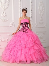 Hot Pink Ball Gown Strapless Floor-length Appliques and Ruffles Quinceanera Dress