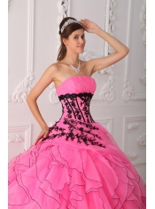 Hot Pink Ball Gown Strapless Floor-length Appliques and Ruffles Quinceanera Dress
