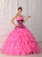 Hot Pink Ball Gown Strapless Floor-length Appliques and Ruffles Quinceanera Dress