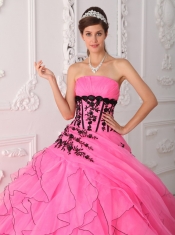 Hot Pink Ball Gown Strapless Floor-length Appliques and Ruffles Quinceanera Dress