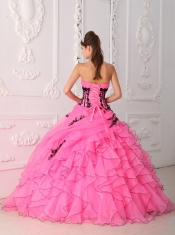 Hot Pink Ball Gown Strapless Floor-length Appliques and Ruffles Quinceanera Dress