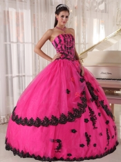 Hot Pink Ball Gown Strapless Floor-length Appliques Quinceanera Dress