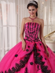 Hot Pink Ball Gown Strapless Floor-length Appliques Quinceanera Dress