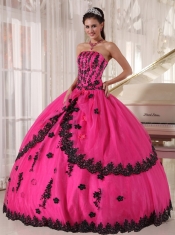 Hot Pink Ball Gown Strapless Floor-length Appliques Quinceanera Dress