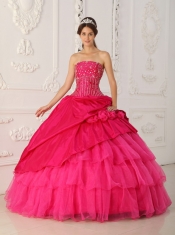 Hot Pink Ball Gown Strapless Floor-length Organza and Taffeta Beading Quinceanera Dress