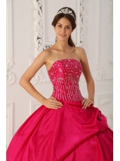 Hot Pink Ball Gown Strapless Floor-length Organza and Taffeta Beading Quinceanera Dress