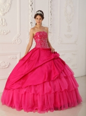 Hot Pink Ball Gown Strapless Floor-length Organza and Taffeta Beading Quinceanera Dress