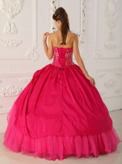 Hot Pink Ball Gown Strapless Floor-length Organza and Taffeta Beading Quinceanera Dress