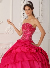 Hot Pink Ball Gown Strapless Floor-length Organza and Taffeta Beading Quinceanera Dress
