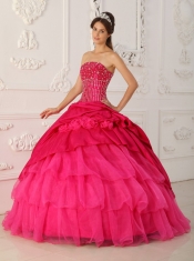 Hot Pink Ball Gown Strapless Floor-length Organza and Taffeta Beading Quinceanera Dress