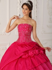 Hot Pink Ball Gown Strapless Floor-length Organza and Taffeta Beading Quinceanera Dress