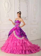 Hot Pink Ball Gown Strapless Floor-length Organza and Taffeta Lace and Appliques Quinceanera Dress