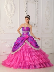 Hot Pink Ball Gown Strapless Floor-length Organza and Taffeta Lace and Appliques Quinceanera Dress