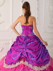 Hot Pink Ball Gown Strapless Floor-length Organza and Taffeta Lace and Appliques Quinceanera Dress