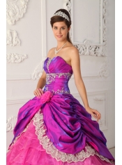 Hot Pink Ball Gown Strapless Floor-length Organza and Taffeta Lace and Appliques Quinceanera Dress