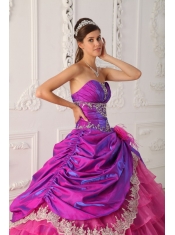 Hot Pink Ball Gown Strapless Floor-length Organza and Taffeta Lace and Appliques Quinceanera Dress