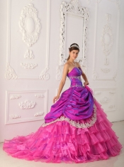 Hot Pink Ball Gown Strapless Floor-length Organza and Taffeta Lace and Appliques Quinceanera Dress