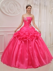 Hot Pink Ball Gown Strapless Floor-length Organza and Taffeta Ruch and Beading Quinceanera Dress