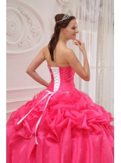 Hot Pink Ball Gown Strapless Floor-length Organza and Taffeta Ruch and Beading Quinceanera Dress