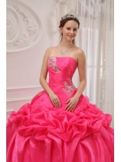 Hot Pink Ball Gown Strapless Floor-length Organza and Taffeta Ruch and Beading Quinceanera Dress