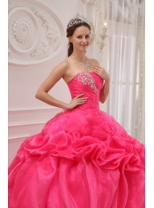 Hot Pink Ball Gown Strapless Floor-length Organza and Taffeta Ruch and Beading Quinceanera Dress