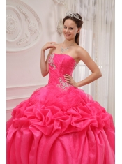 Hot Pink Ball Gown Strapless Floor-length Organza and Taffeta Ruch and Beading Quinceanera Dress