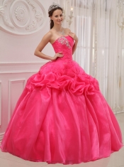 Hot Pink Ball Gown Strapless Floor-length Organza and Taffeta Ruch and Beading Quinceanera Dress